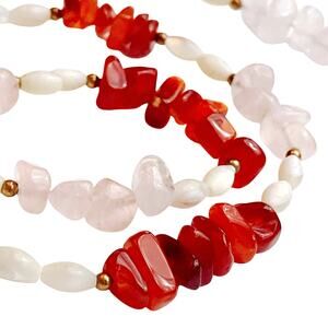 Vintage 90s Gemstone Necklace Carnelian Rose Quartz Shell Beaded Boho 24”